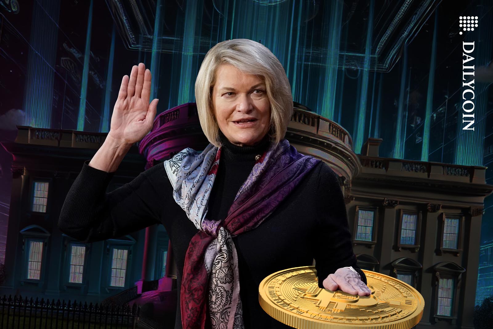 Senator Lummis swearing with the left hand on a Bitcoin.