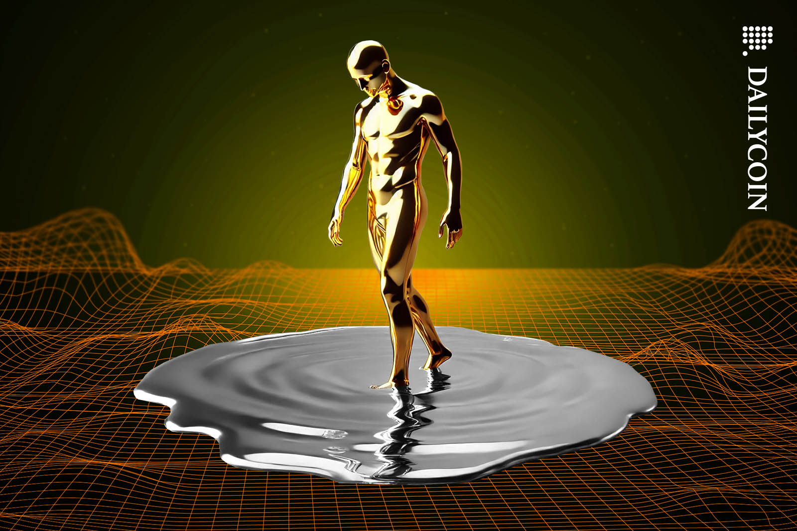 Humanoid figure standing in melted silver.