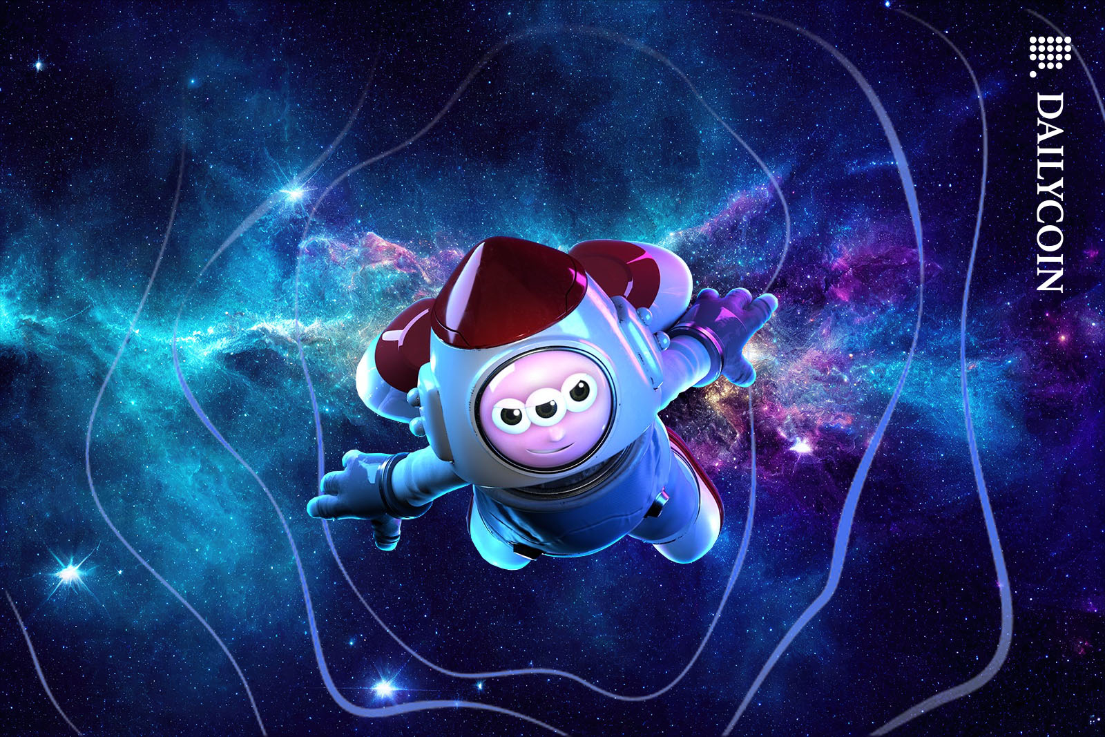 3 eyed alien creature flying across space.