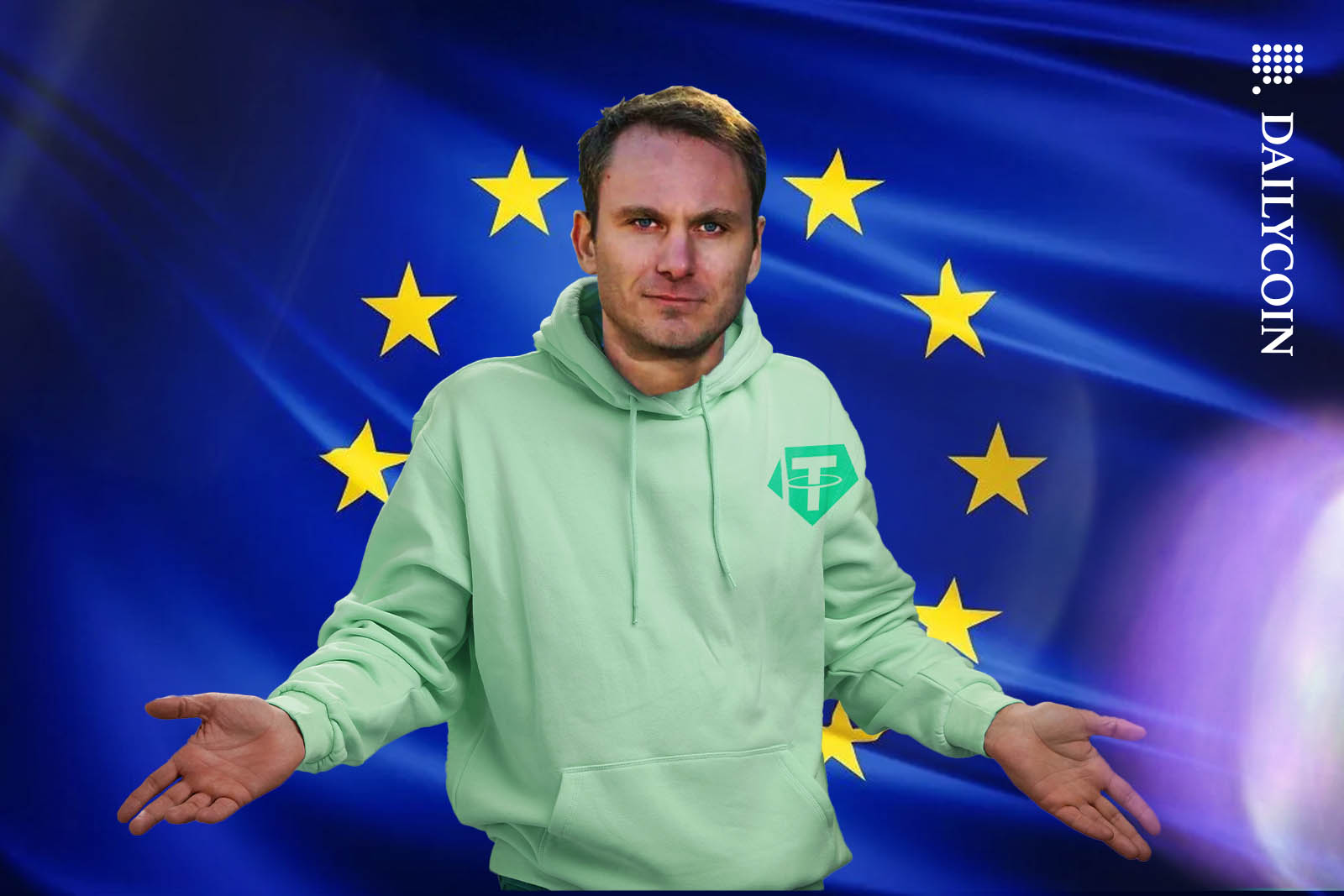 Paolo Ardoino shrugging shoulders in front of an EU flag.