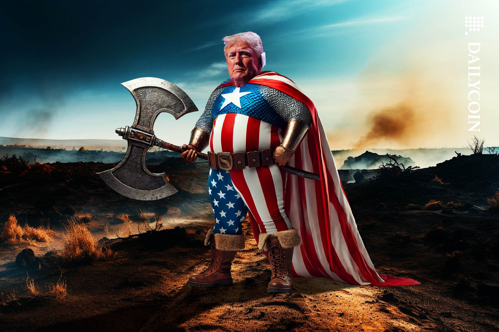 Donald Trump in an American flag themed superhero costume holding a big axe.
