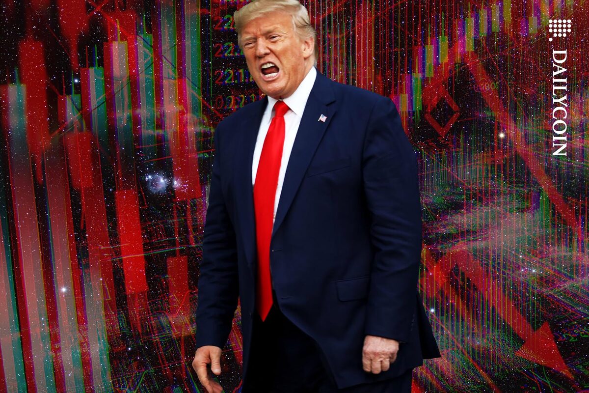 Donald Trump screamimg infront of negative crypto charts.