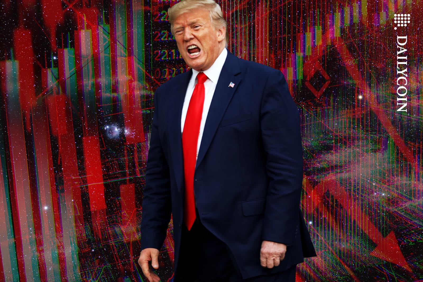 Donald Trump screamimg infront of negative crypto charts.