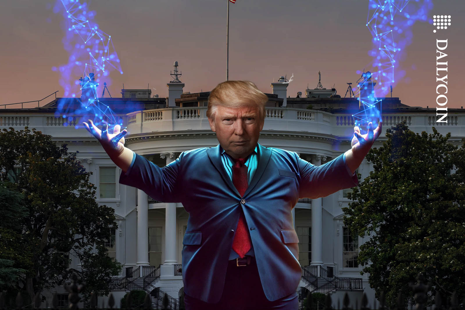 Donald Trump in front of the White House doing some blockchain magic.