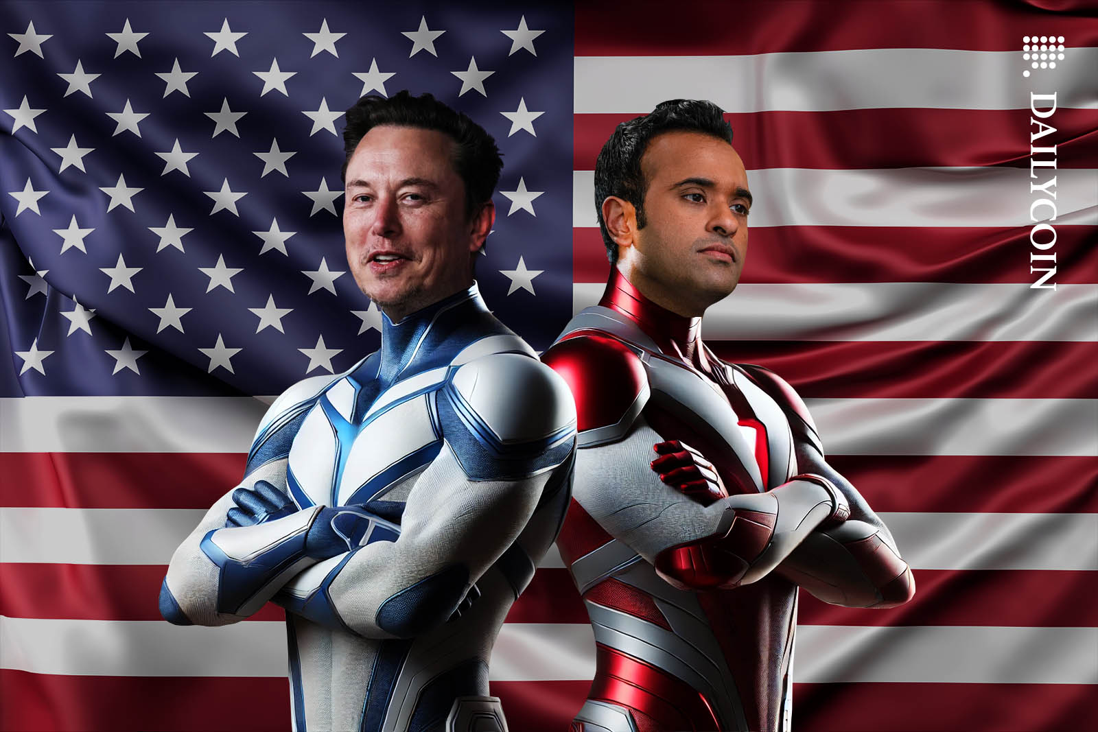 Vivek Ramaswamy and Elon Musk posing as superheroes in front of an American flag.