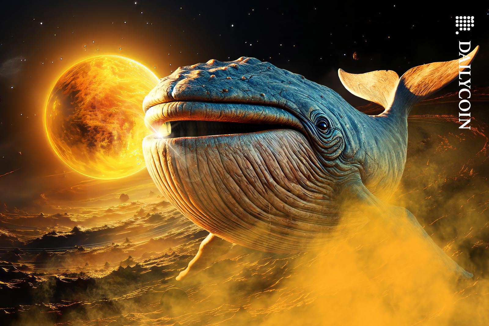 Big Pi coin whale with on golden tooth floating in space.