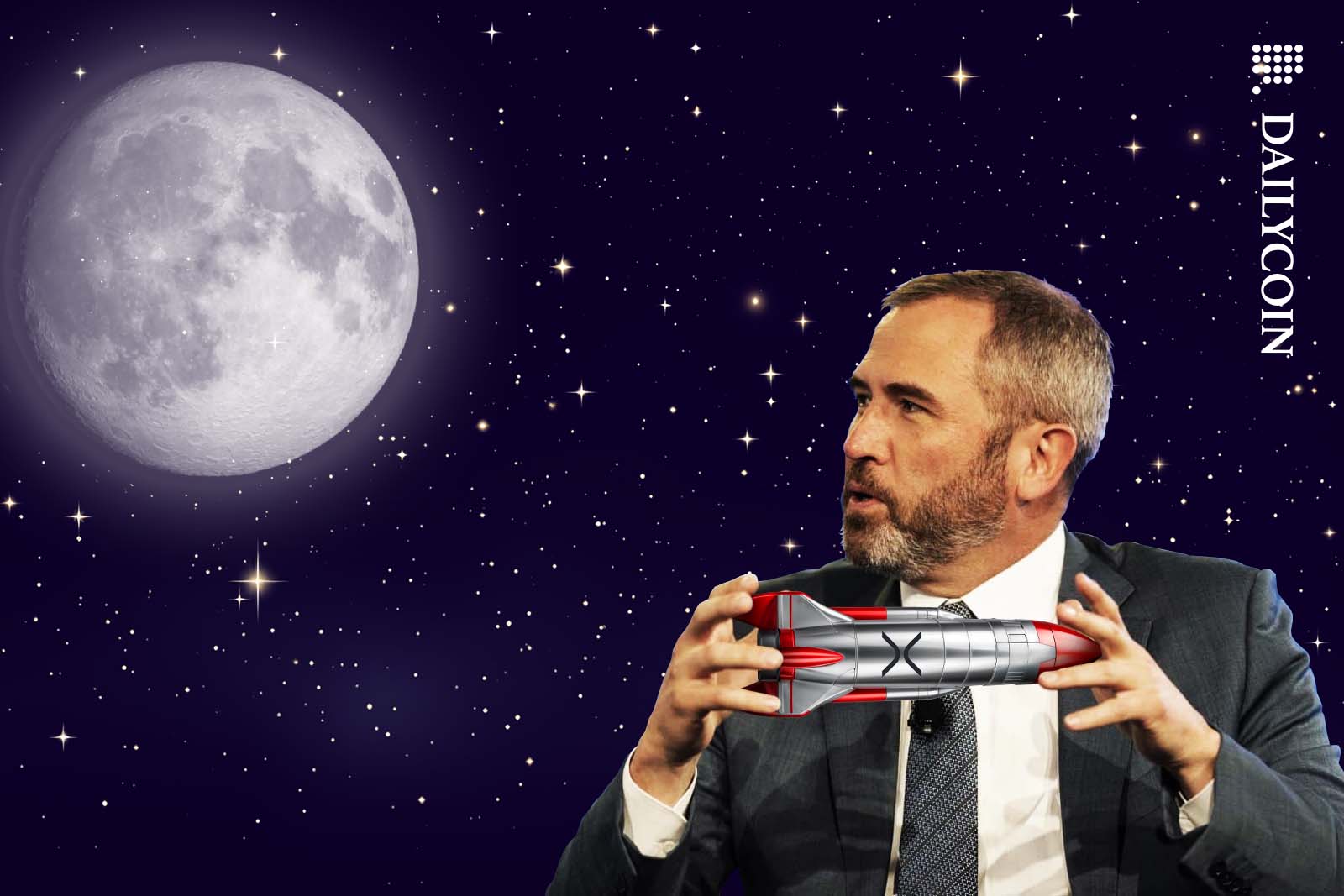 Brad Garlinghouse holding a rocket as he is staring at the moon, thinking about when XRP price will get there..