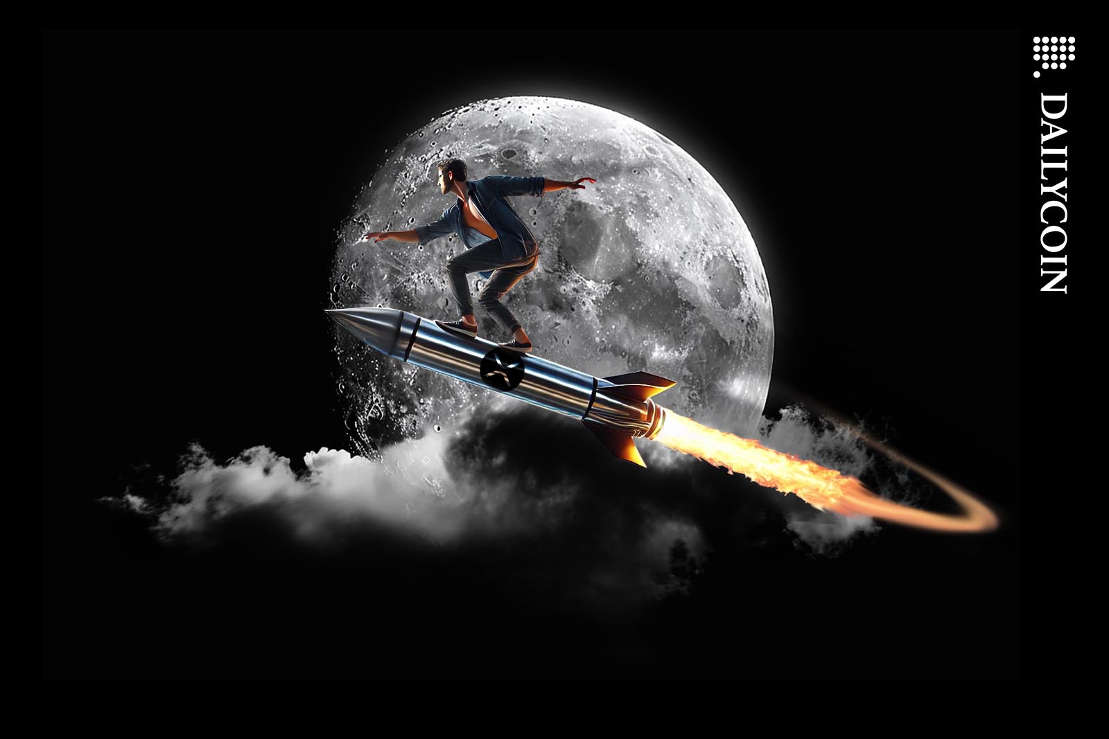 A man surfing on an XRP-themed rocket around the Moon.