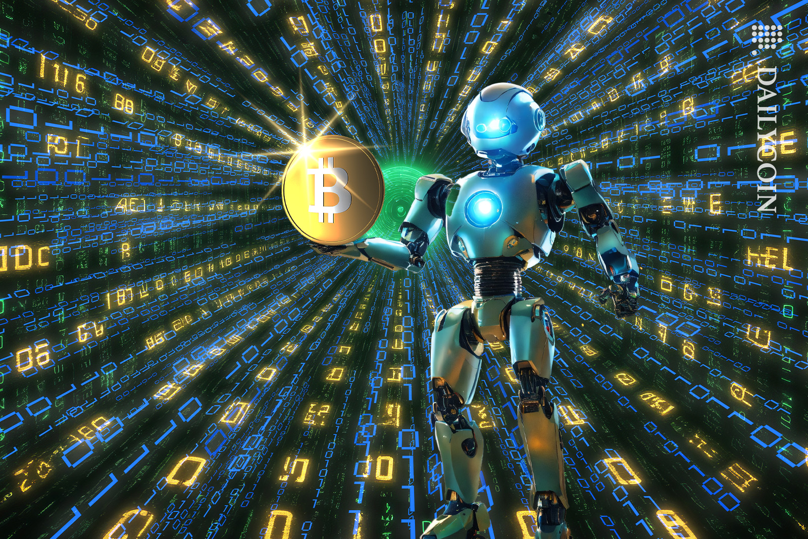 Robot holding a glowing bitcoin in a numbers vortex.