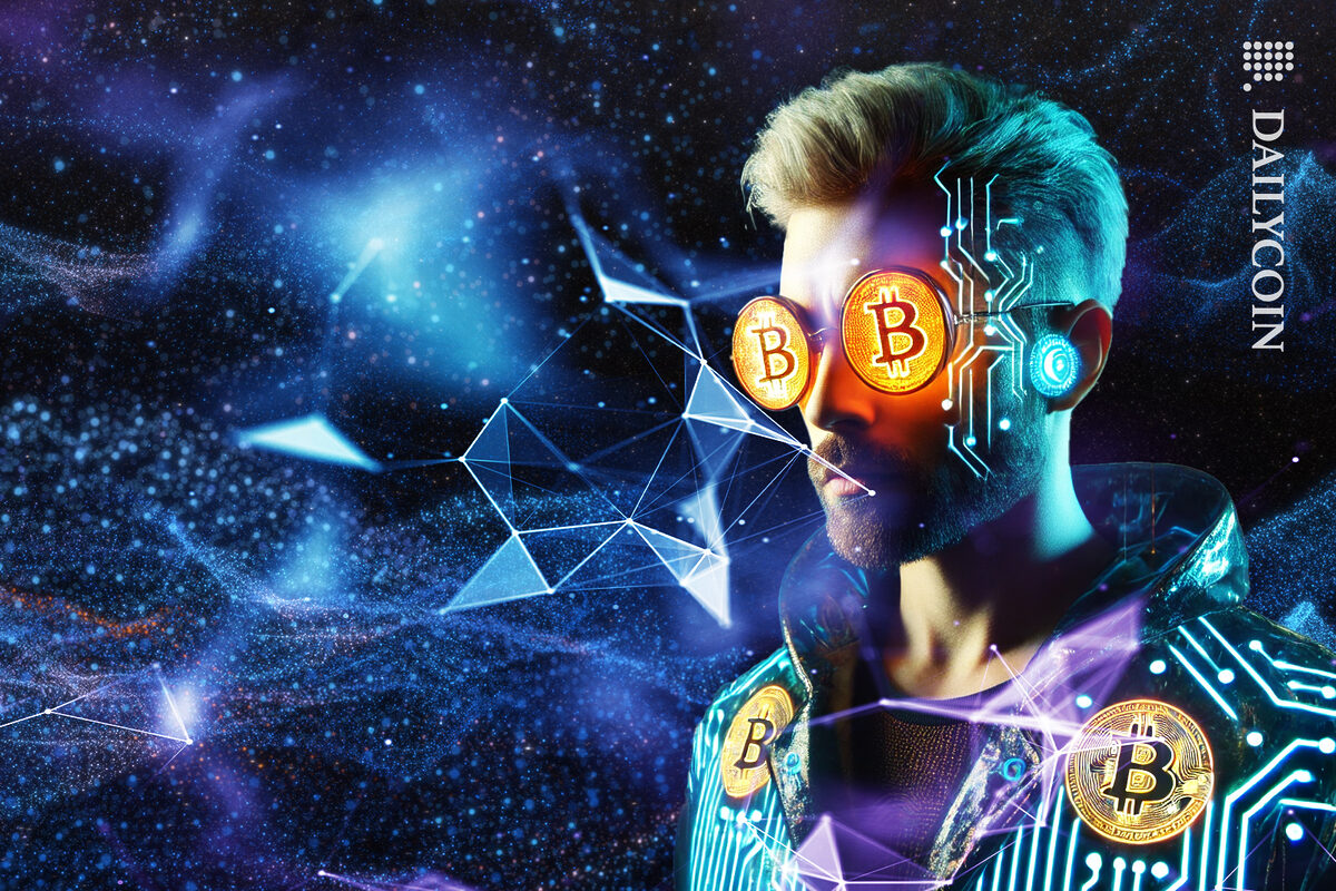 Man with bitcoin glasses in defi space.