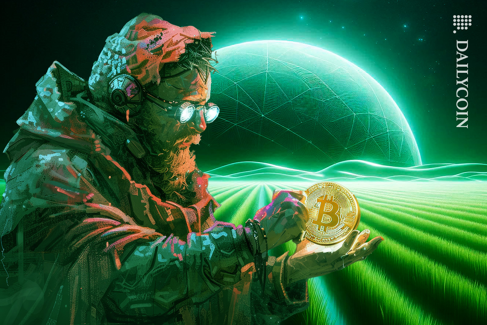 Cyberpunk man looking at his bitcoin with an empty field ahead.