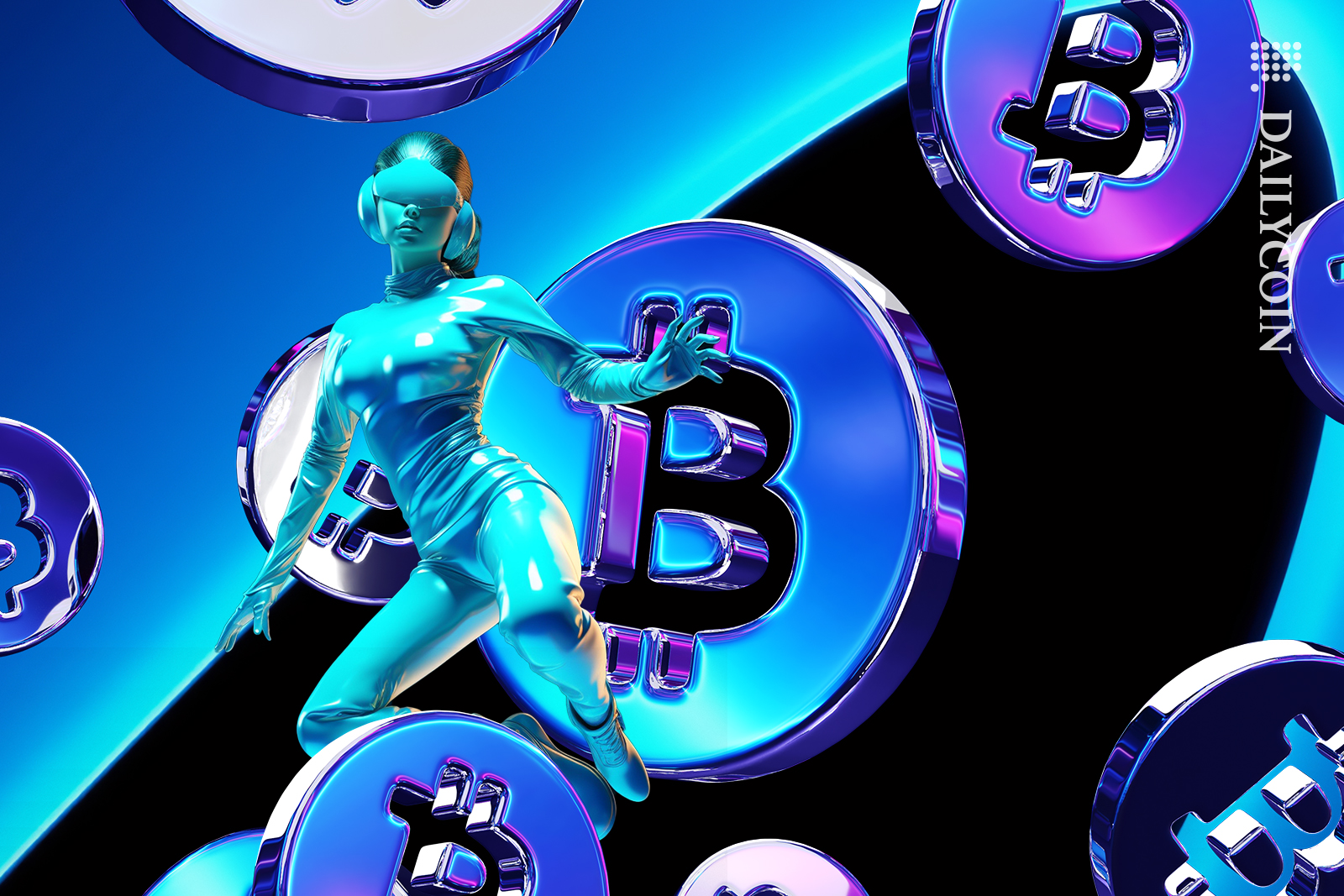 Woman floating in air with Bitcoins making a wave.