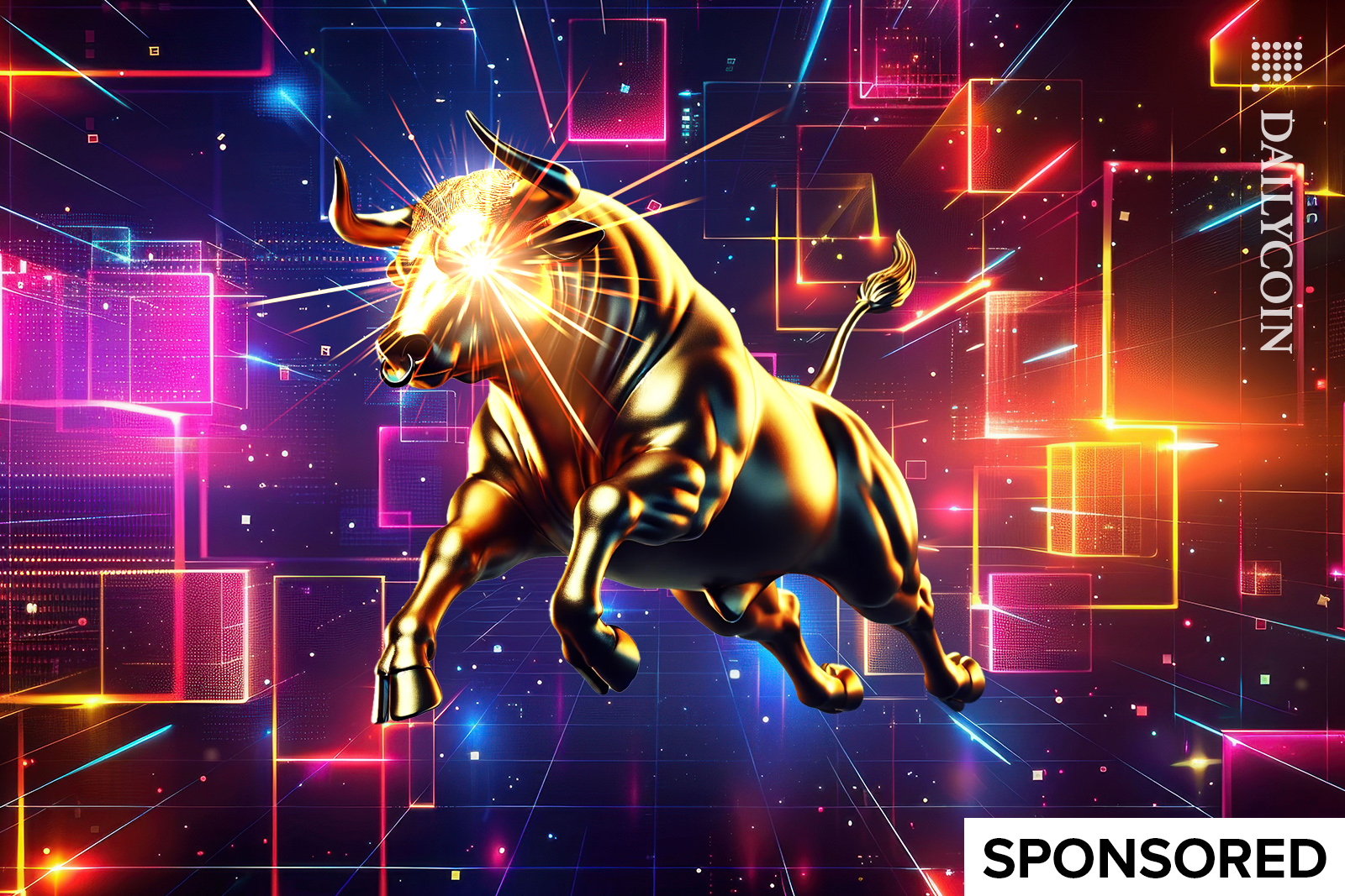A bull flying through blockchain.