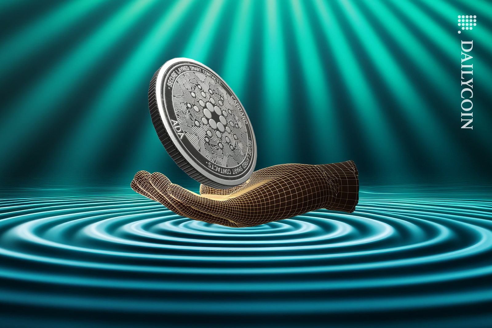 A digital hand holding a cardano ADA coin making a ripple in the ground.