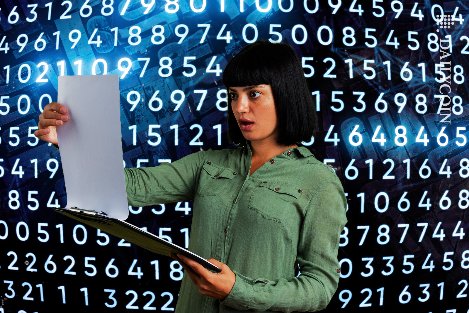Woman is reading a white paper and is surprised, code is covering up hidden text.
