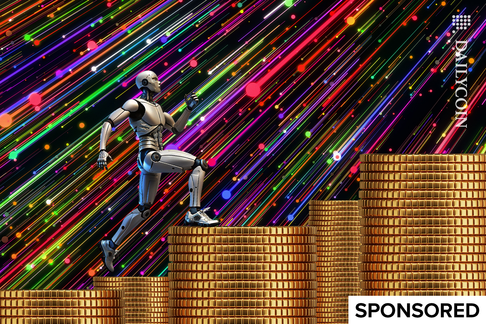 Robot running up stacks of coins