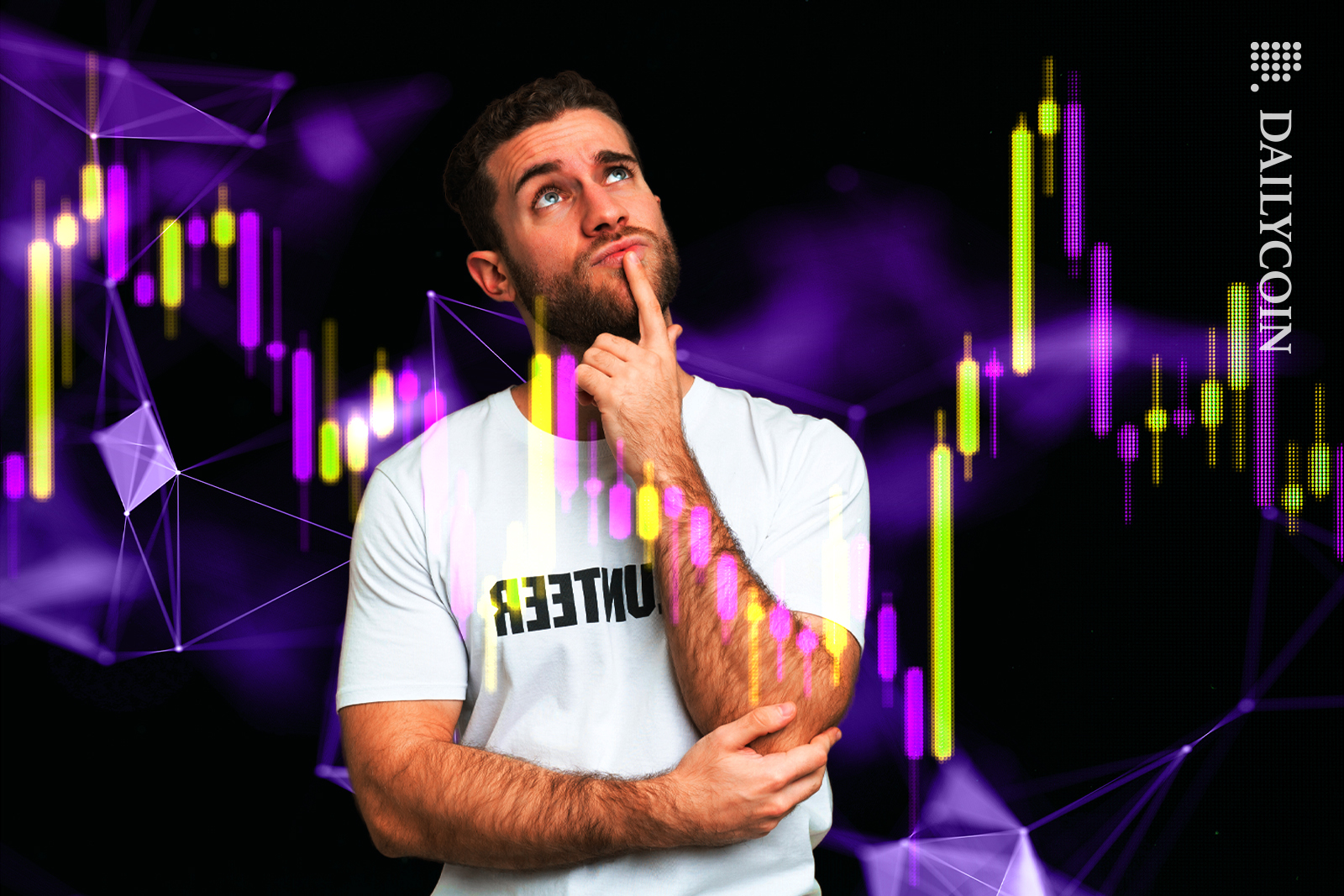 Man thinking about the crypto candlechart