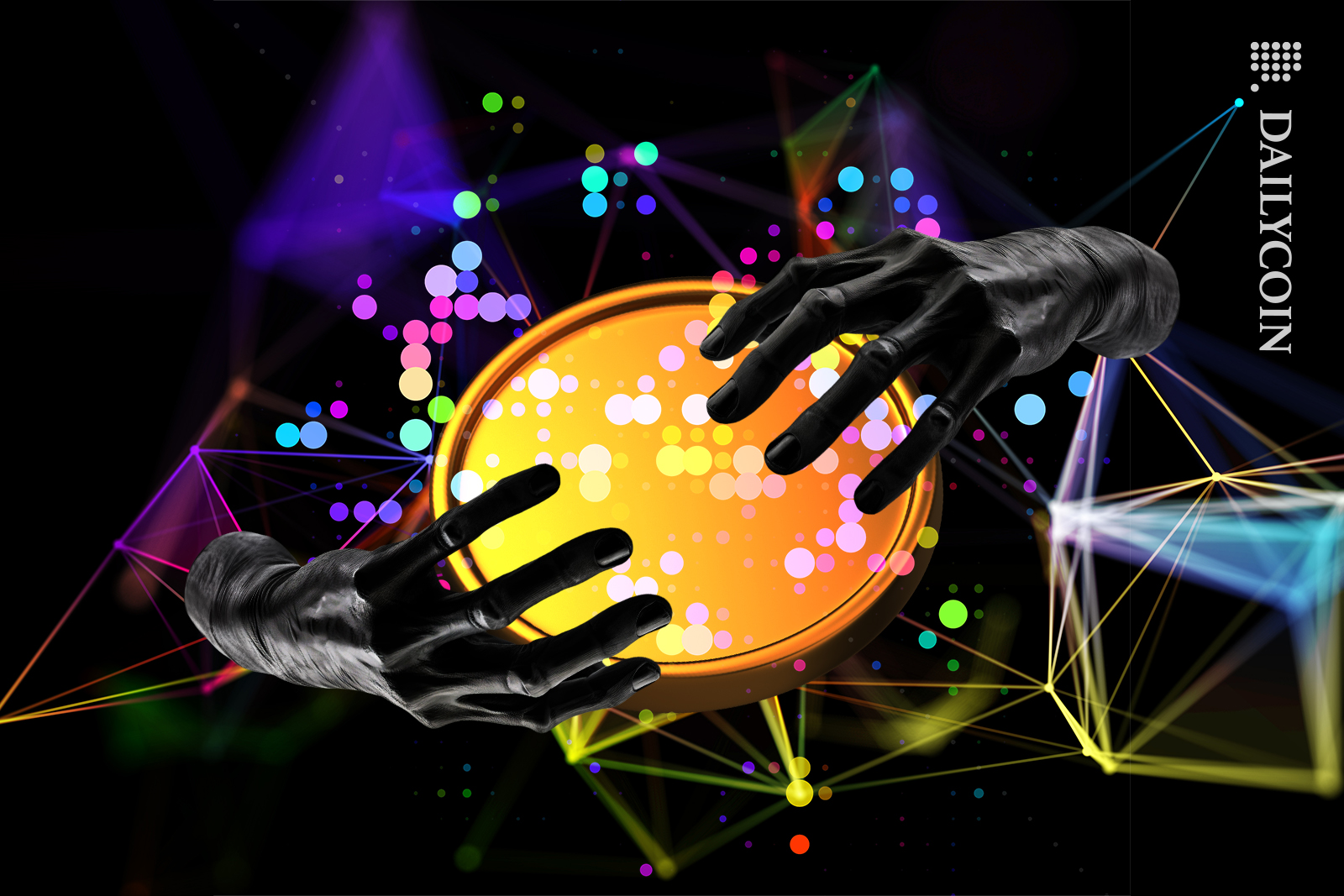 Hands holding a Pi crypto coin with DeFi bubbles around it.
