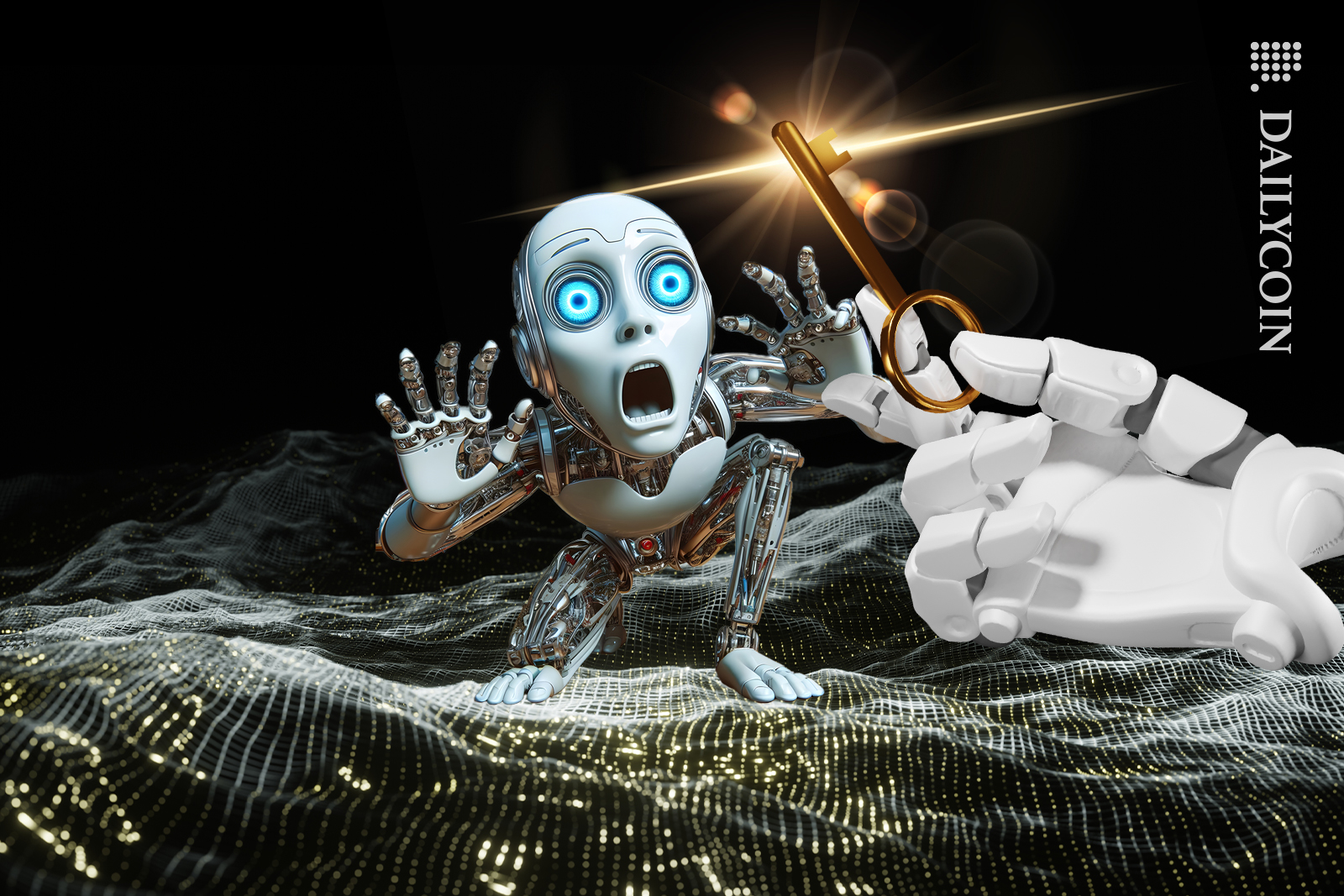 Robot on a digital creeping on a gold key.