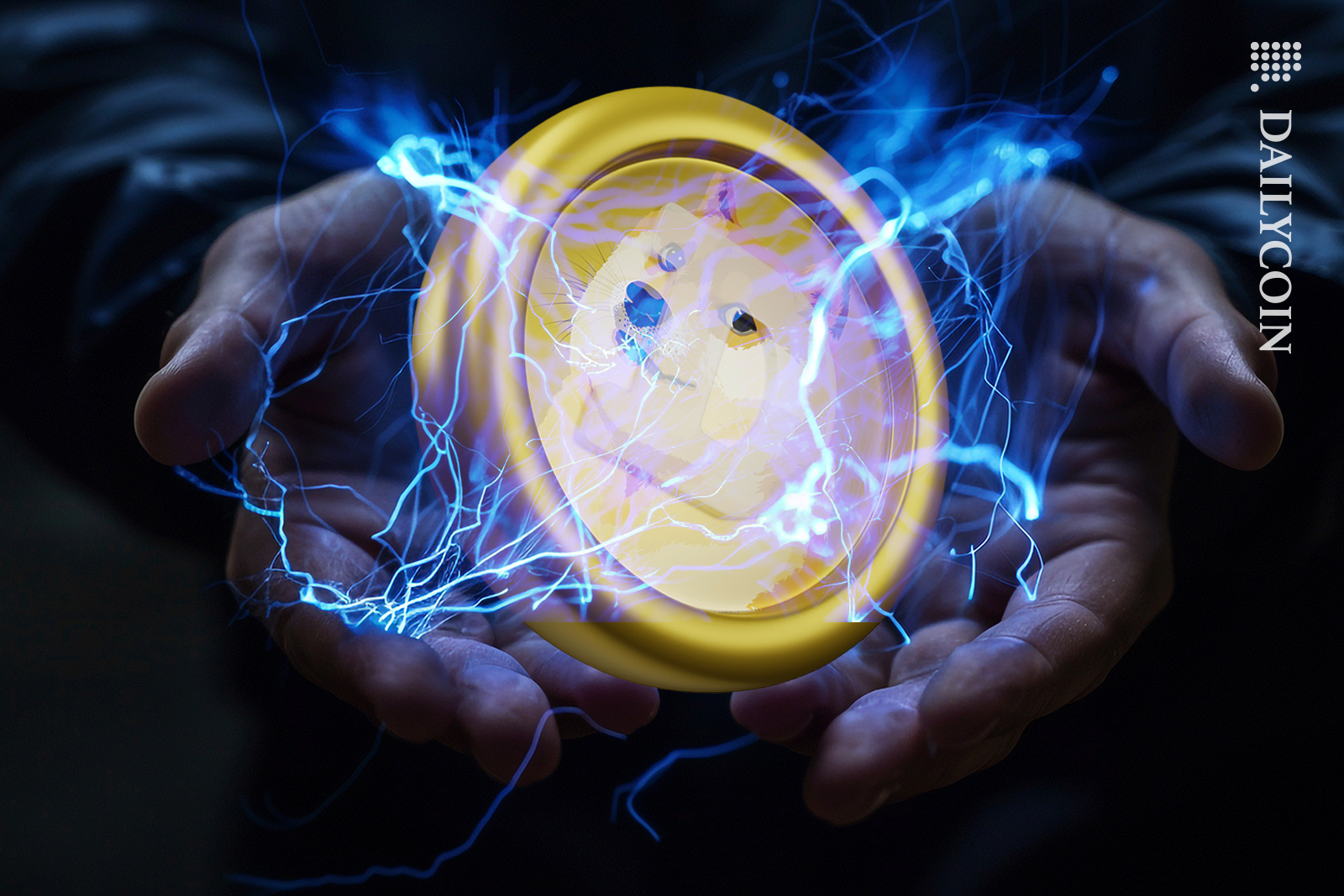 Dogecoin in a persons hands with electricity transforming it.