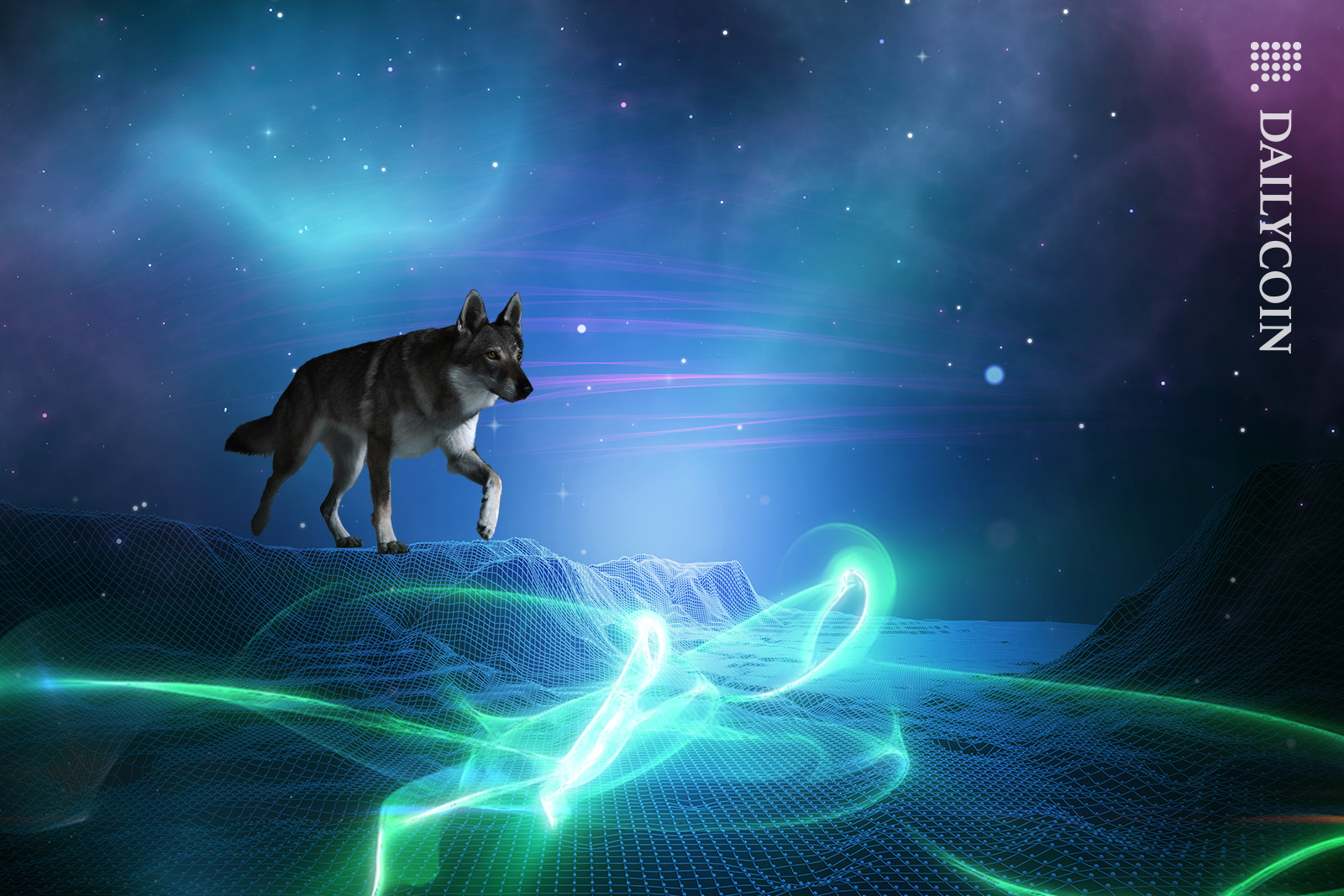 A wolf on a digital land seeing lots of energy space turning up on land.