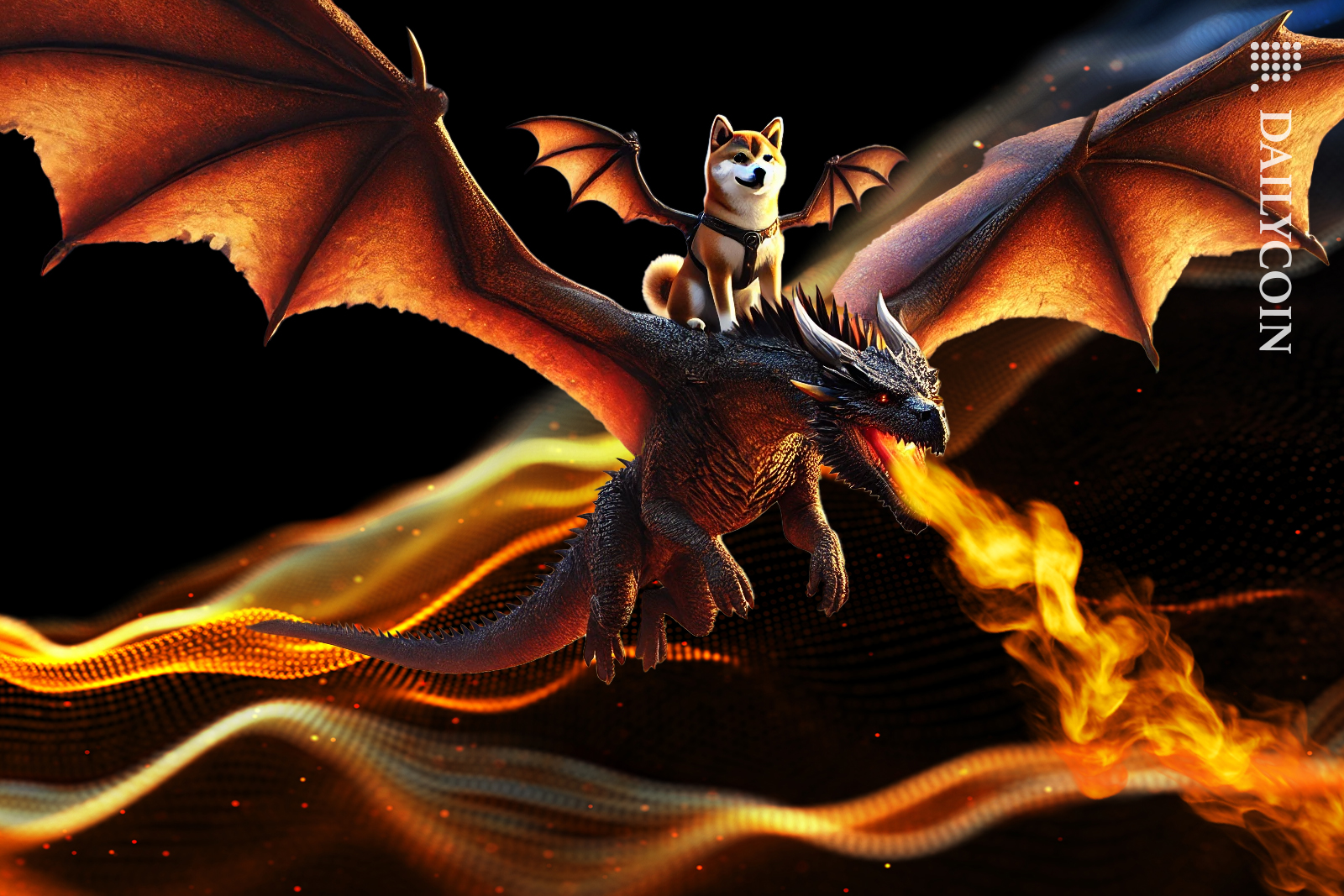 Shiba inu sitting on top of dragon that's fire breathing.