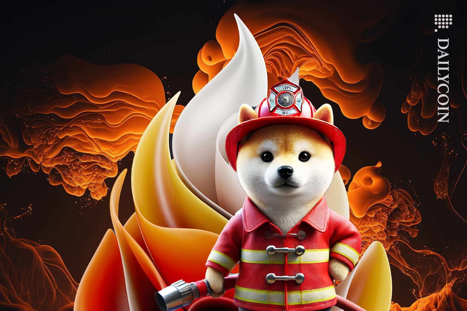Shiba inu with huge fire and he is wearing a fireman's costume.