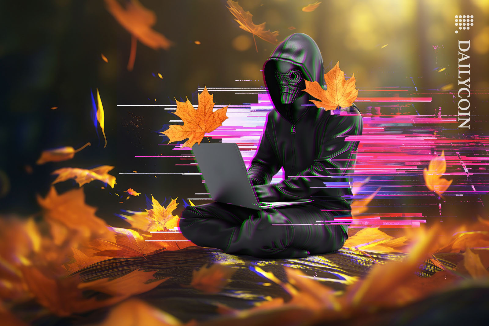 A hacker sitting in the forest hacking.