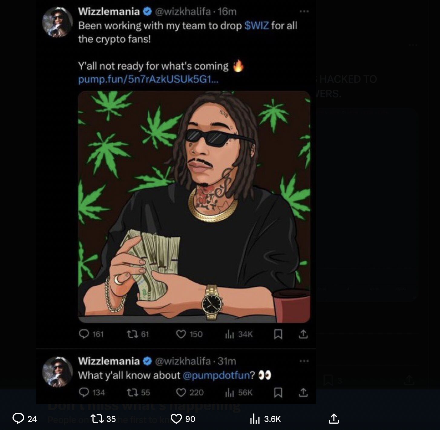 Screenshot of the reported hacker's posts about the memecoin on Wiz Khalifa’s account.
