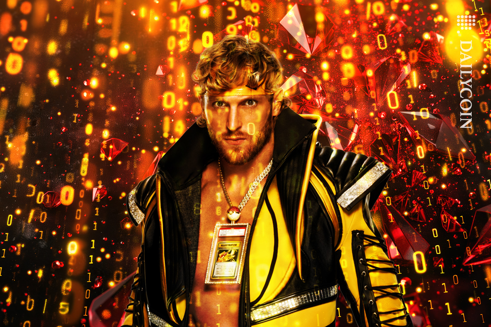 Logan Paul dressed in a yellow costume in crypto coding space.