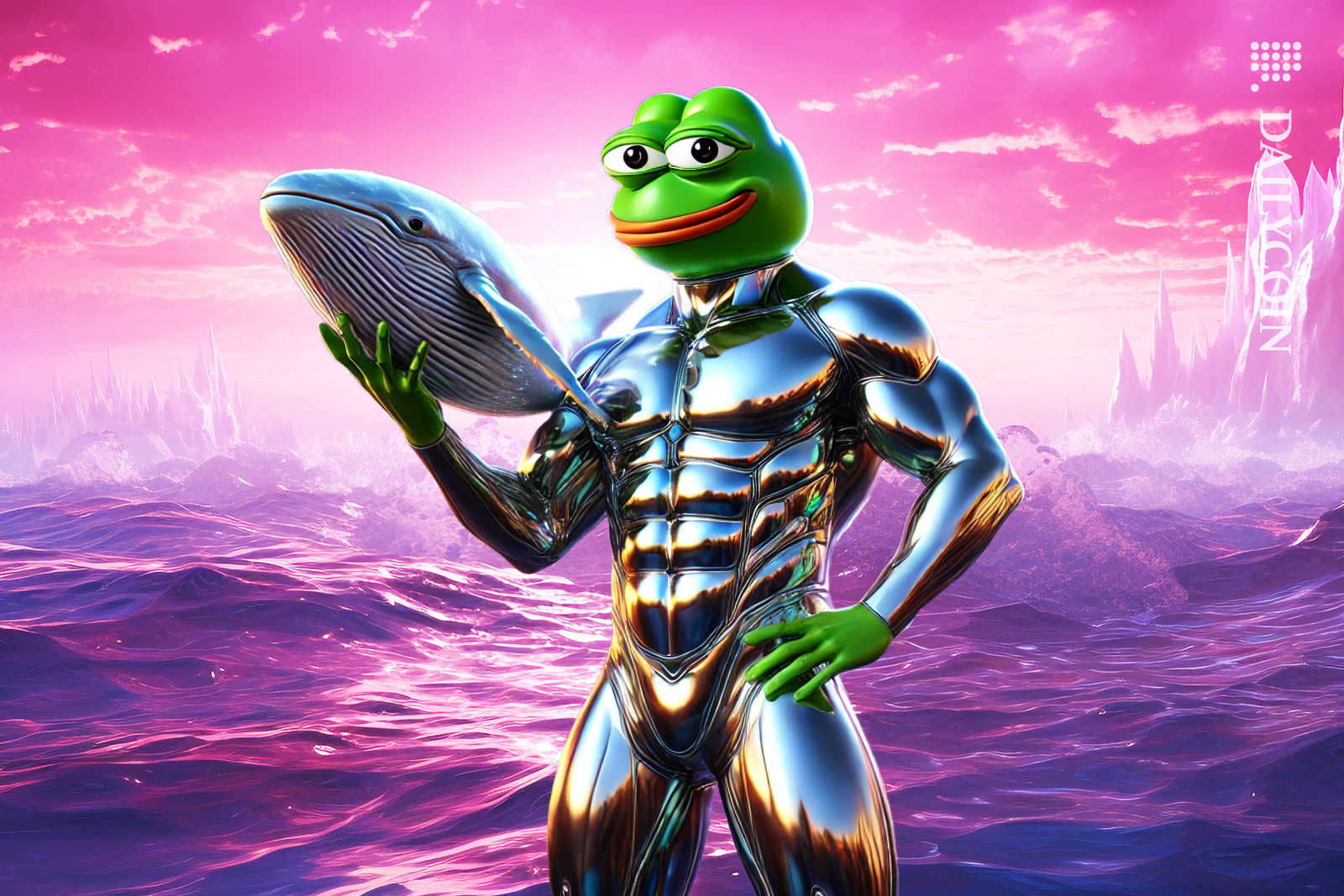 Hench PEPE in an iron suit, holding a little whale on his right arm