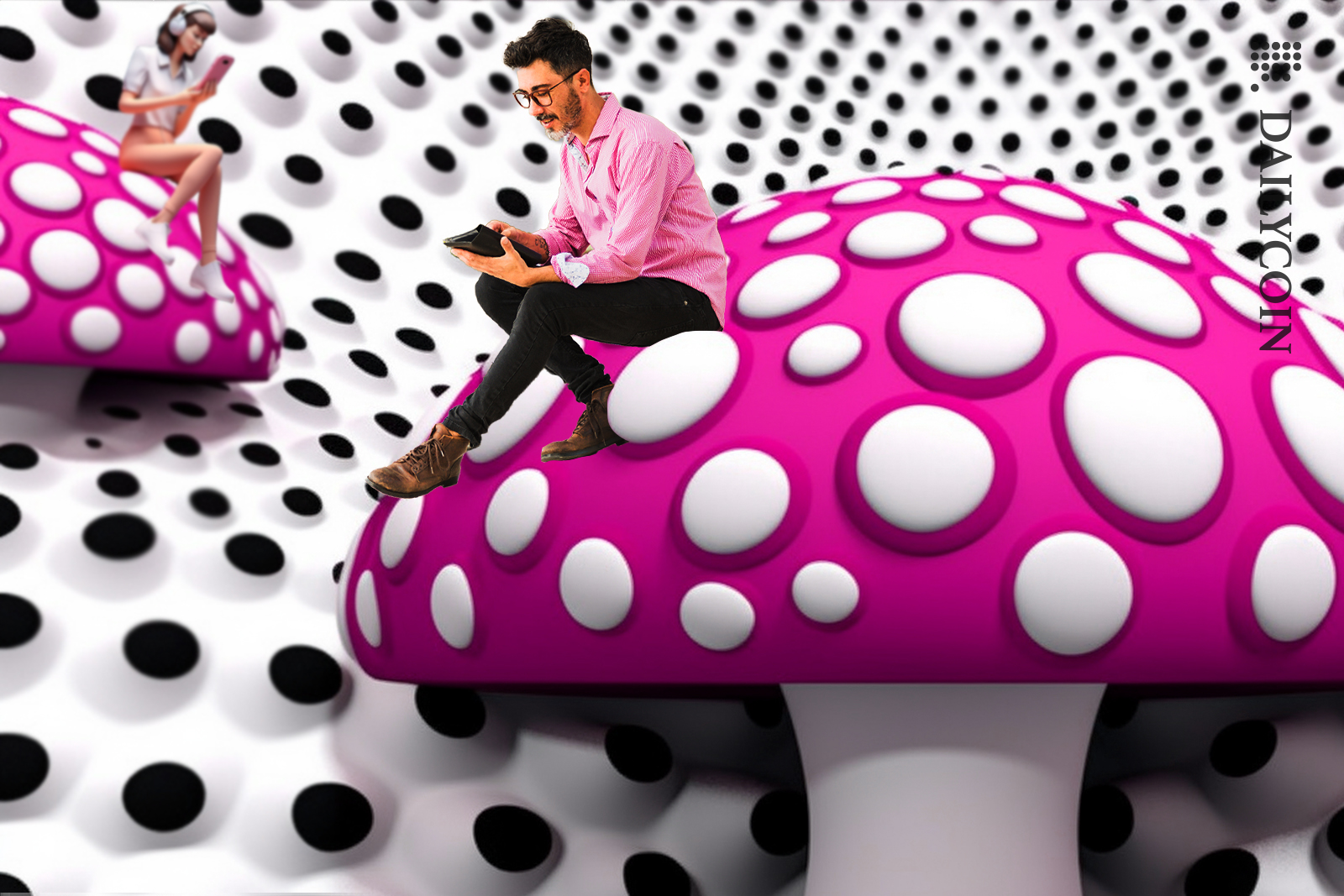 People on thei digital devices on growing polkadot mushrooms.