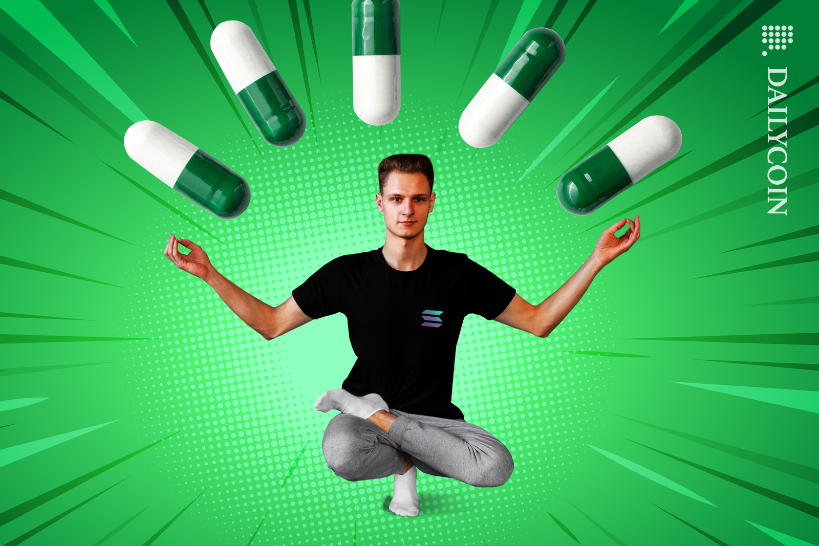 Guy wearing a Solana t-shirt on one foot making pump.fun pills hover above him.