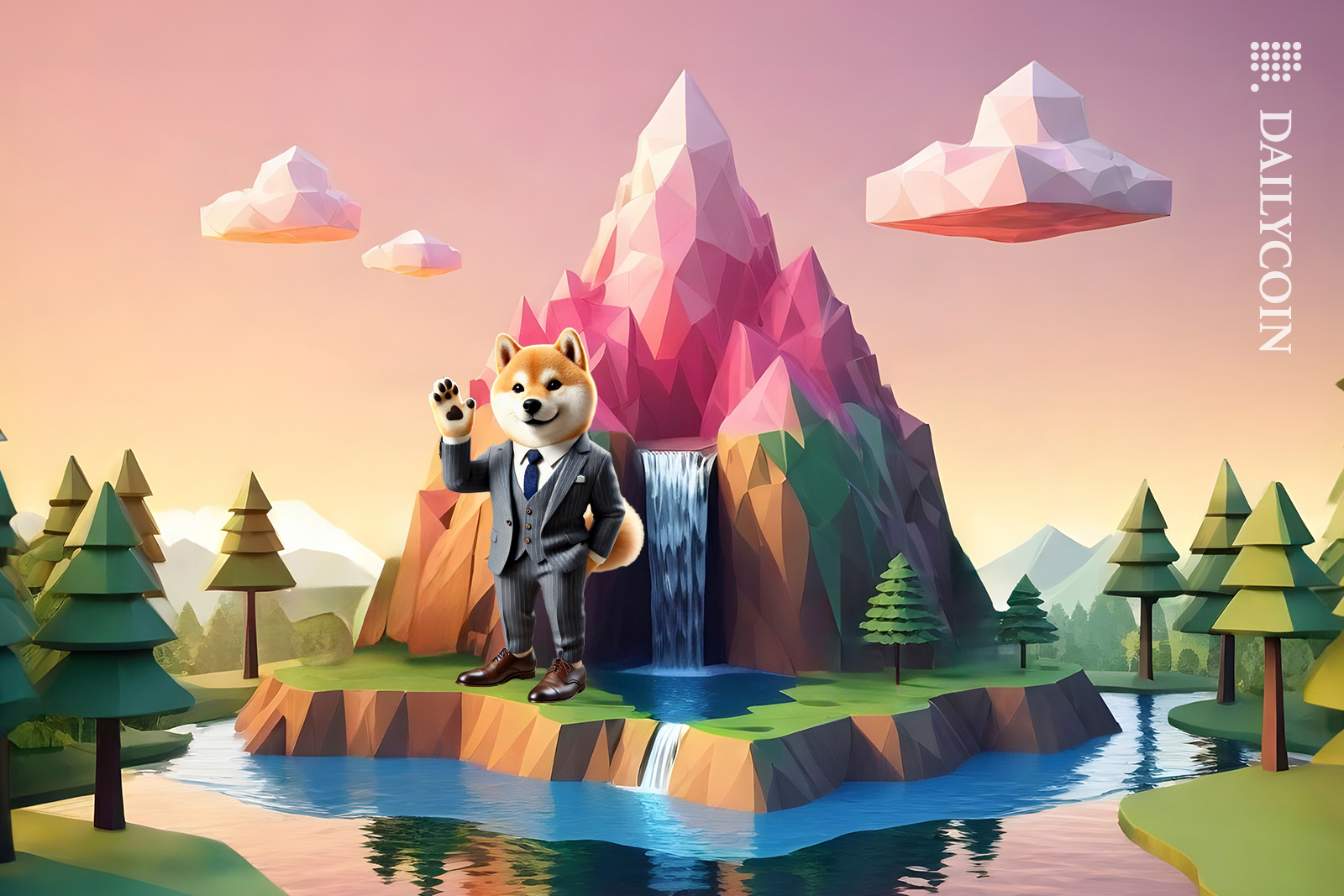 Shiba Inu on a hill peak land waving to us.