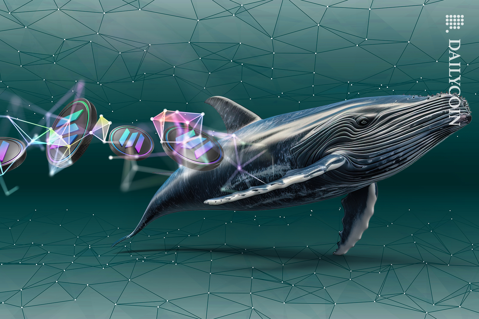 A whale swimming though digital blockchain land with Solana coins.