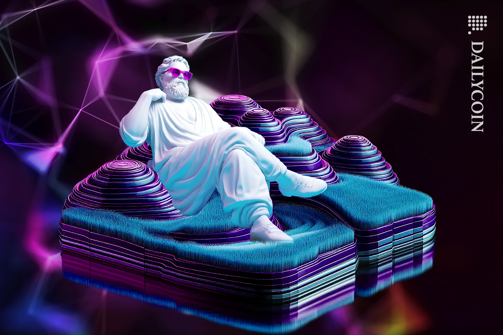 Greek digital man relaxing on his digital floating land in blockchain space.