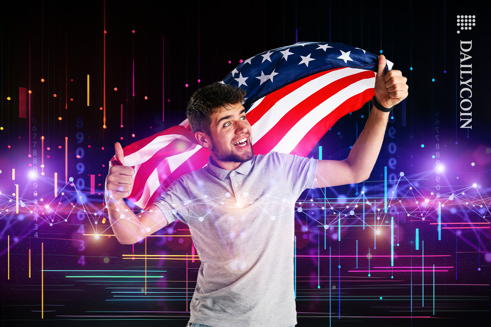 Man with the USA flag seeing how it affect the crypto market.